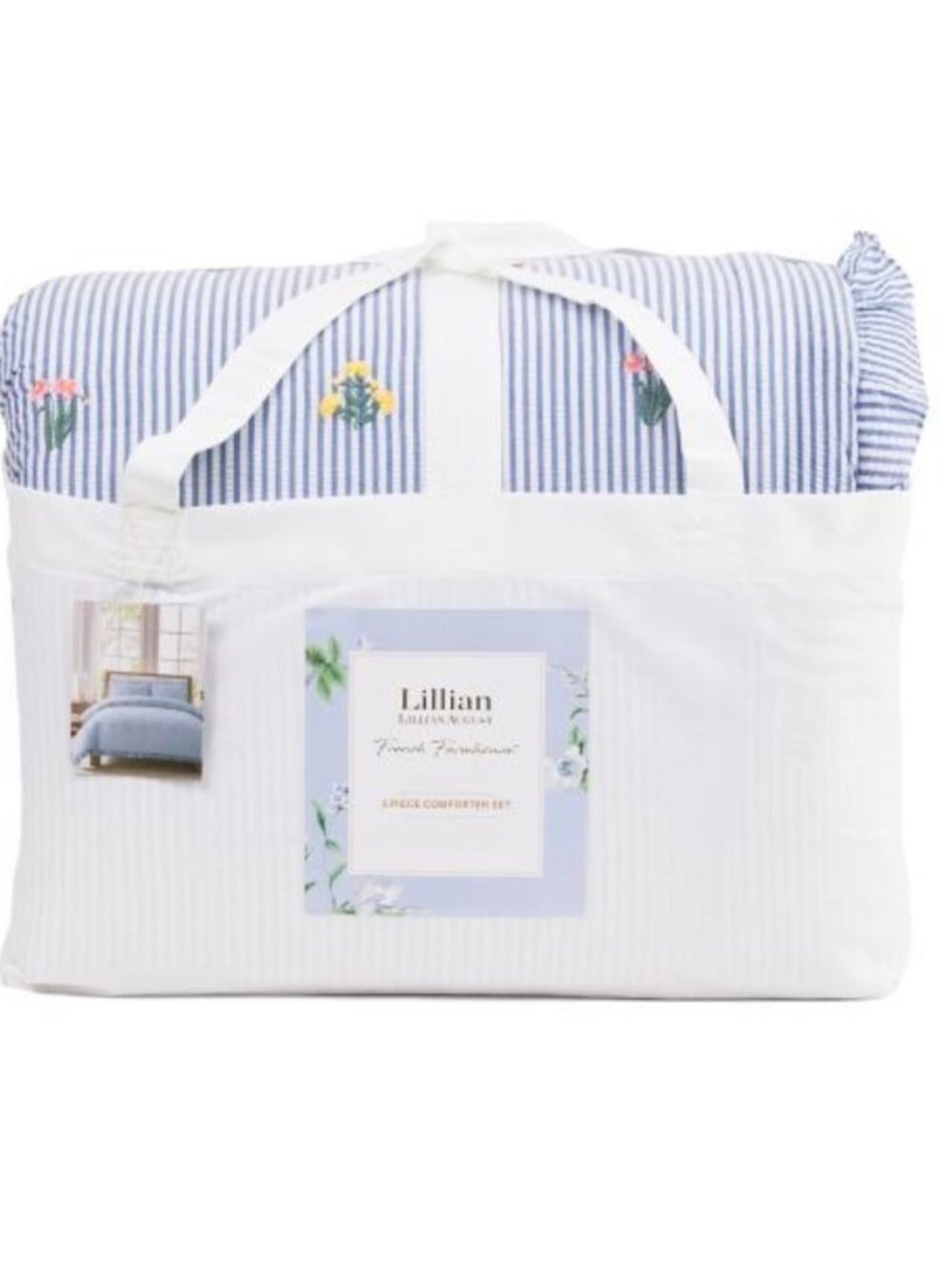 Lillian August Floral Embroidered Blue Seersucker Comforter Set